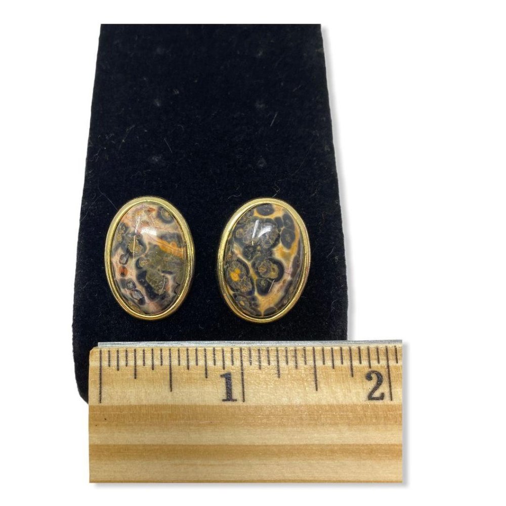Gold Tone Leopard‎ Skin Jasper Pierced  Earrings